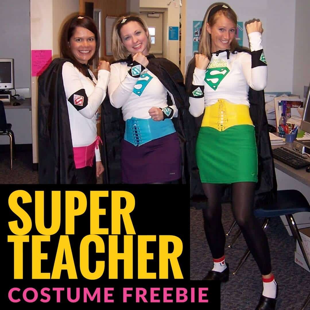 Be a Super Teacher for Halloween, School Spirit Days, or just for fun! A DIY superhero costume perfect for elementary teachers and teaching teams. Click for three FREE Super Teacher iron on patterns. #halloween #halloweencostume #diyhalloweencostume #superteachercostume #teachercostume #freebie #costumes #superhero
