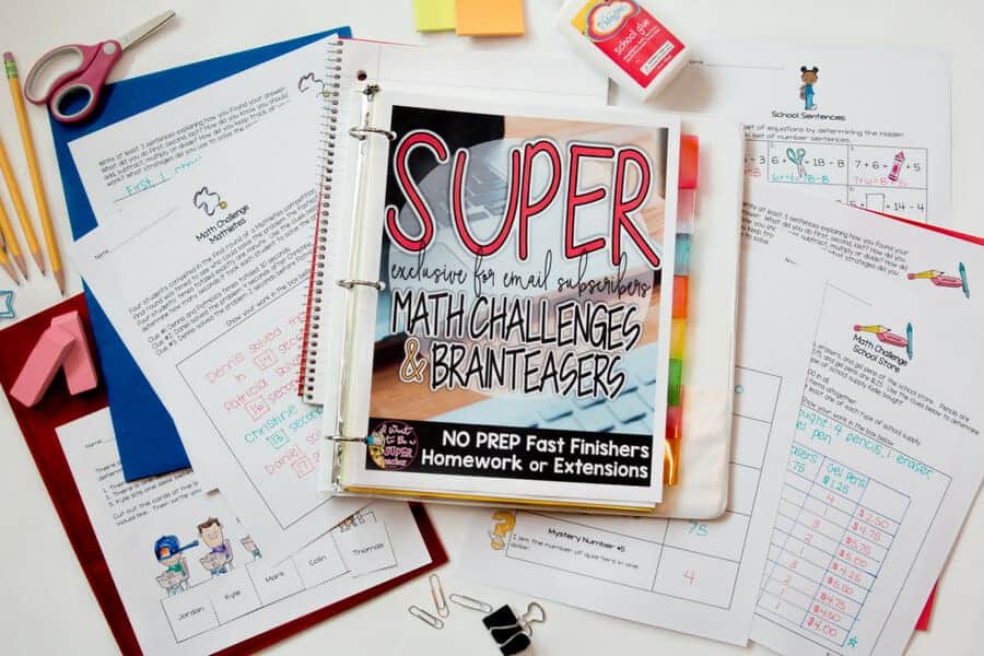 Use these FREE math challenge and brain teaser activities to challenge your 2nd and 3rd grade elementary students with NO PREP required! These math problems can be used as math centers, math homework, morning work, math centers, small groups, problem of the week, or whole class problem solving! These free math worksheets are perfect for advanced kids in second and third grade. Click over to get the free printables sent right to your email. #education #freebie #math #secondgrade #thirdgrade #free