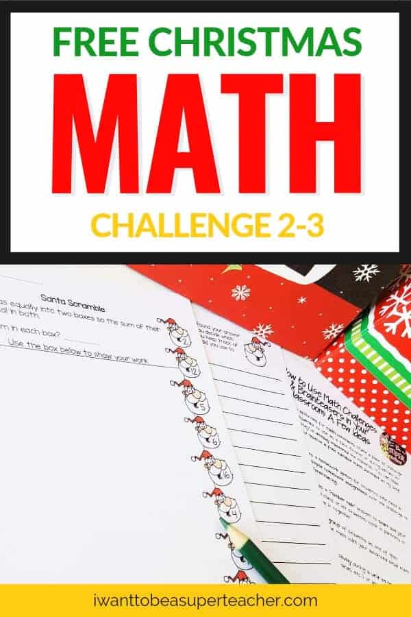 A FREE Christmas math activity for 2nd & 3rd grade kids. Use this Santa themed math printable as a challenge for your second and third grade elementary students! This Christmas math challenge problem can be used as a whole class number talk activity, advanced math center, fast finisher, morning work, early finisher, Christmas activity printable, or homework worksheet for December. Click for the free Christmas printable! #christmas #math #freebie #secondgrade #thirdgrade