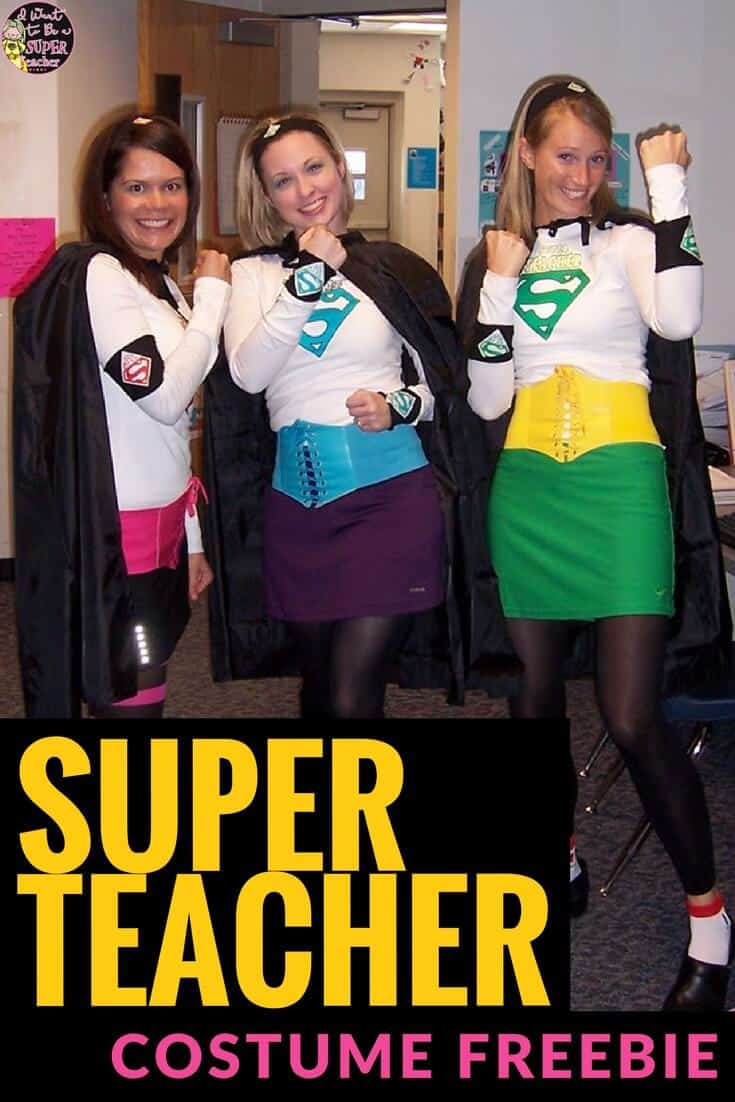 Be a Super Teacher for Halloween, School Spirit Days, or just for fun! A DIY superhero costume perfect for elementary teachers and teaching teams. Click for three FREE Super Teacher iron on patterns. #halloween #halloweencostume #diyhalloweencostume #superteachercostume #teachercostume #freebie #costumes #superhero