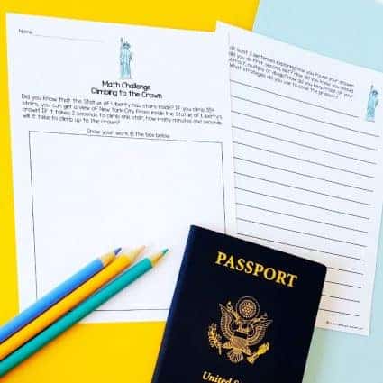 A FREE travel themed math activity for 2nd and 3rd grade kids! Teachers can use this free math printable for math centers, morning work, a fast finisher, enrichment, homework, or a number talk. Perfect for a travel themed classroom, the end of the year, or to integrate math and social studies! Includes a Statue of Liberty math challenge, lined page for students to write about their mathematical thinking + answer key. Click for the free download. #free #math #secondgrade #thirdgrade #education