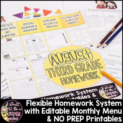 3rd Grade Homework August | Monthly Homework Menu & 20 Printables