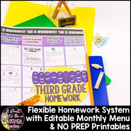 3rd Grade Homework September | Monthly Homework Menu & 30 Printables