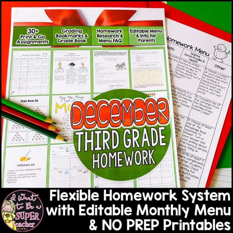 3rd Grade Homework December | Monthly Homework Menu & 40+ Printables
